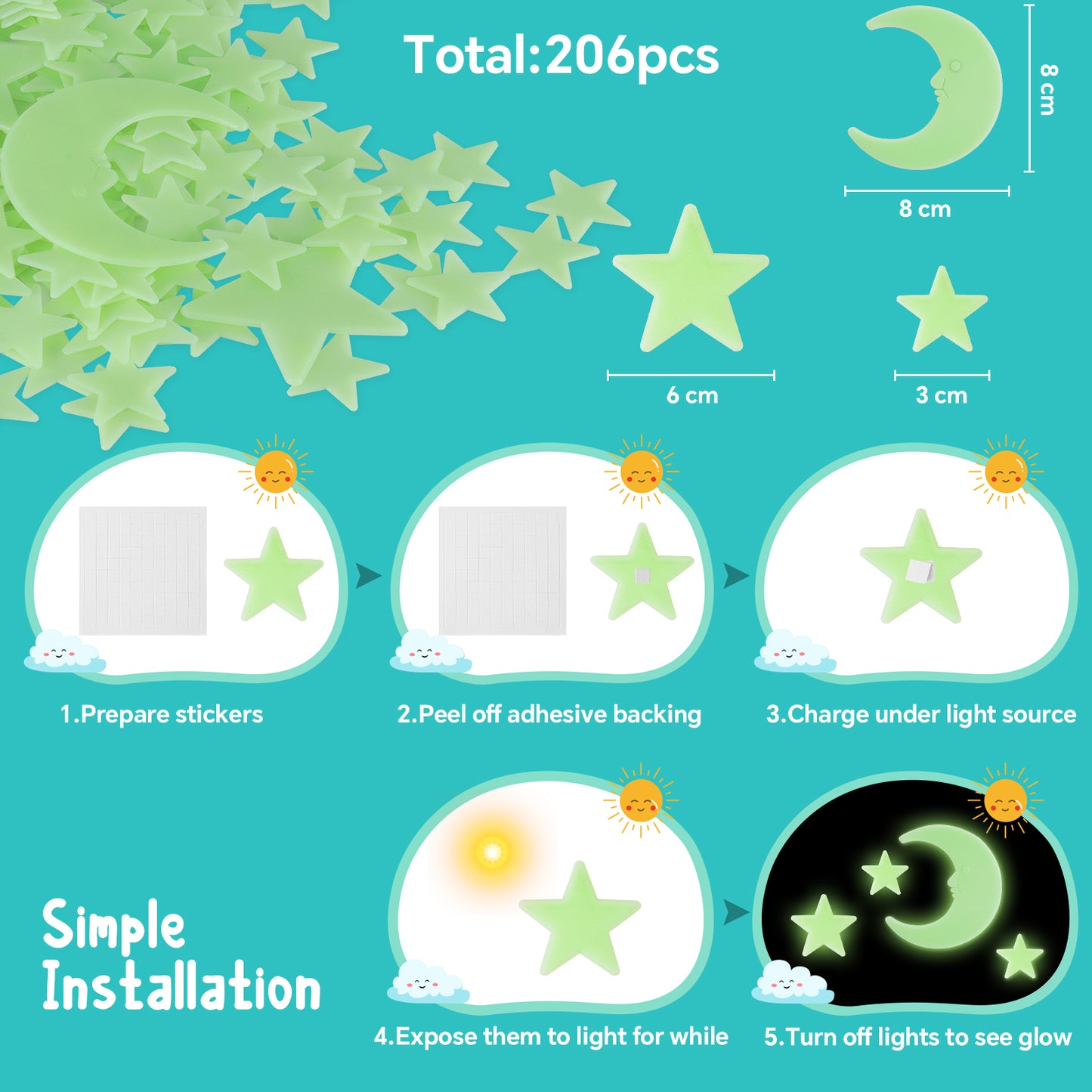 Leuchtende Sterne Wandsticker im Dunkelen für die Decke, Selbstklebend 205 Stück 3D Leuchtende Aufkleber Sterne und Mond für Kinderzimmer, Erstellen Realistischen Sternenhimmel, Raumdeko