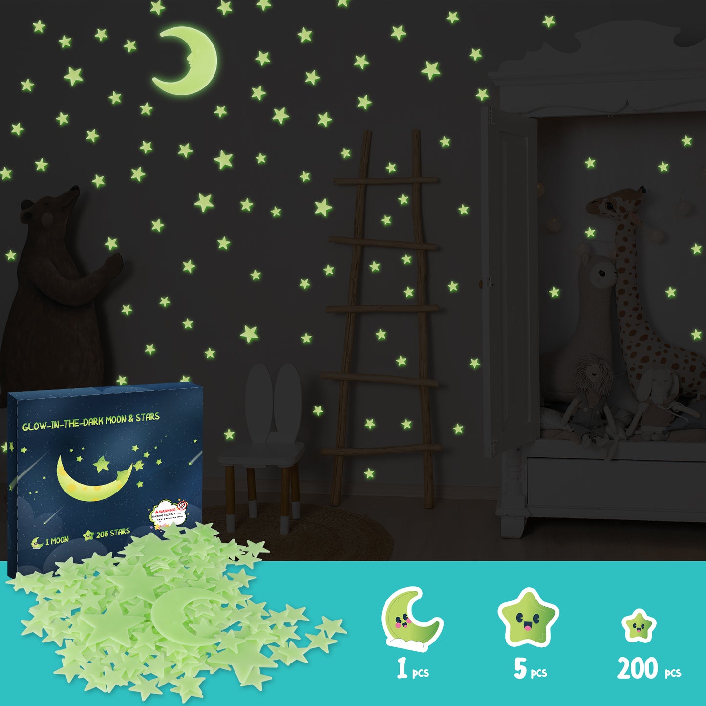 Glow in The Dark Stars for Ceiling - 205PCS Stars & 1 Moon for Kids Bedroom, Baby Room Nursery - Safe, Removable & Reusable