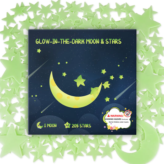 Glow in The Dark Stars for Ceiling - 205PCS Stars & 1 Moon for Kids Bedroom, Baby Room Nursery - Safe, Removable & Reusable